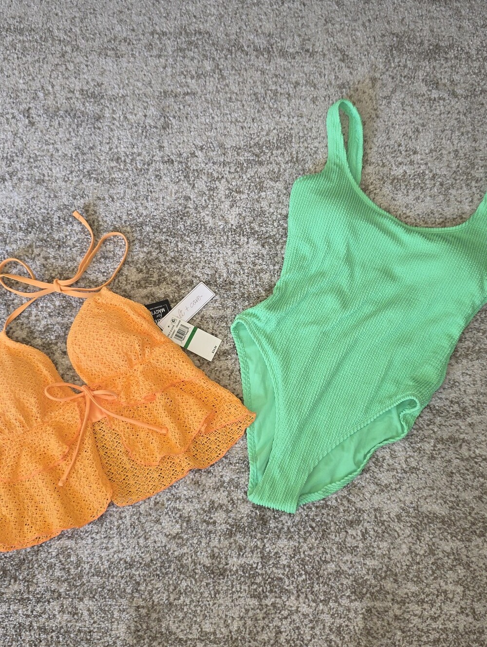 NWT Salt Cove Neon Green One Bathing Suit & Orange Crochet Tankini Top SZ Large